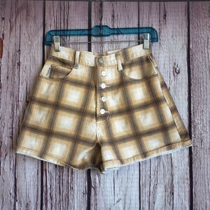 BONGO Yellow Plaid High-Rise Button-Front Jean Shorts